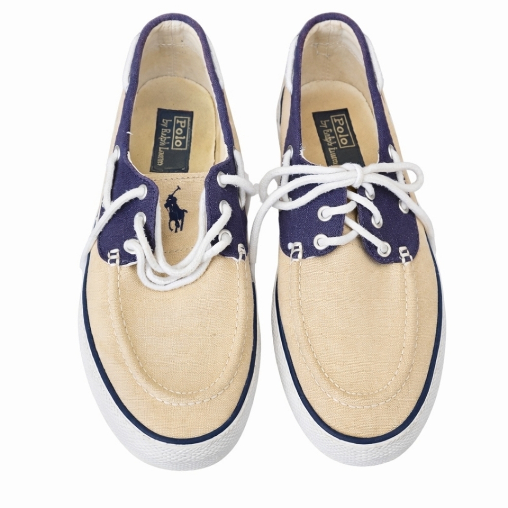 Polo Ralph Lauren Franz Canvas Boat Shoes Beige Navy Size 8D
